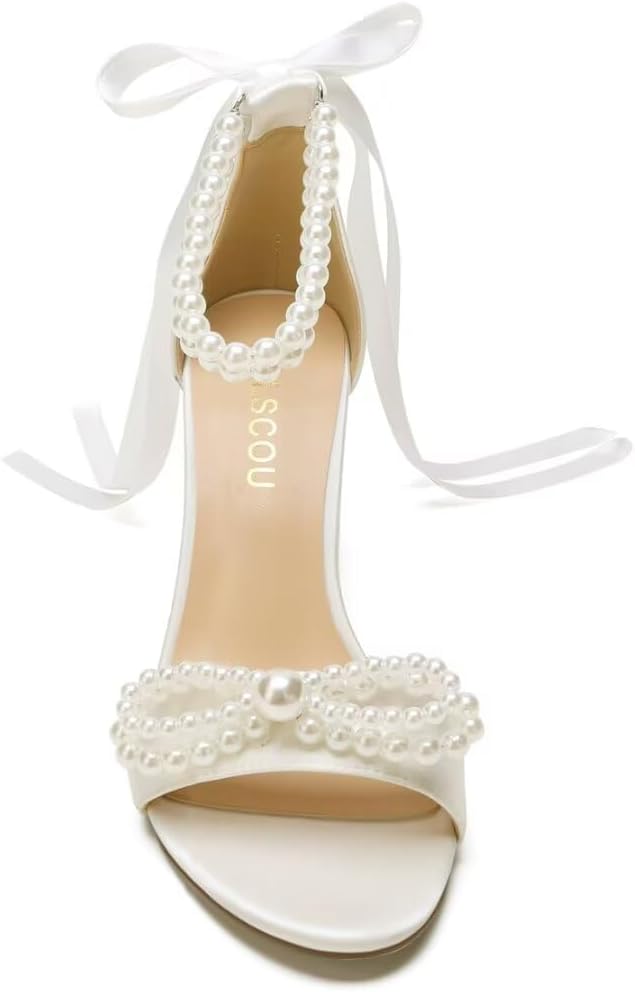 High Block Heel Wedding Sandals Pearl Heels with bow Open Toe Wedding Shoes for Bride