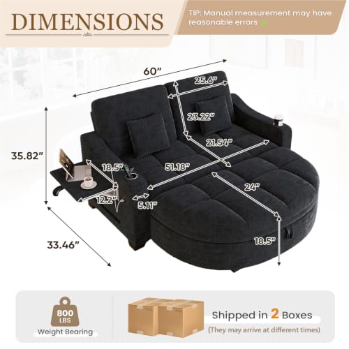 Image of 60 inch Loveseat Chaise Lounge Chair with Ottoman, Tufted Chenille Chaise Sofa with Storage & Adjustable Back / Side Table / USB Charging, Cozy Reading Lounge Chair and A Half for Living Room, Office, Black