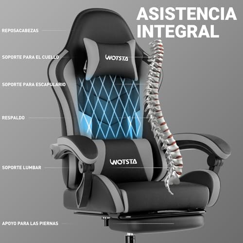 Miniatura 4 de Wotsta Silla Gaming, Silla Oficina Ergonómica Con Reposapiés, Altura Regulable Y Respaldo Abatible, Silla Gamer Adulto Con Masaje, Silla Pc Con Reposacabezas, 120 Kg