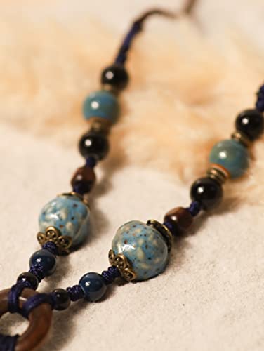 Minachi Boho Hippie Blue Ceramic Beads Strand Wooden Ring Circle Necklace Bohemian Jewelry Gift #TOP2
