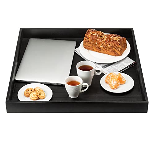 24 x 24 Inches Extra Large Square Solid Wood Serving Tray with Cut Handles, Classic Tea Coffee Table Tray Breakfast Tray Wooden Decorative Ottoman Tray Serve for Snack Food Kitchen Party Bar