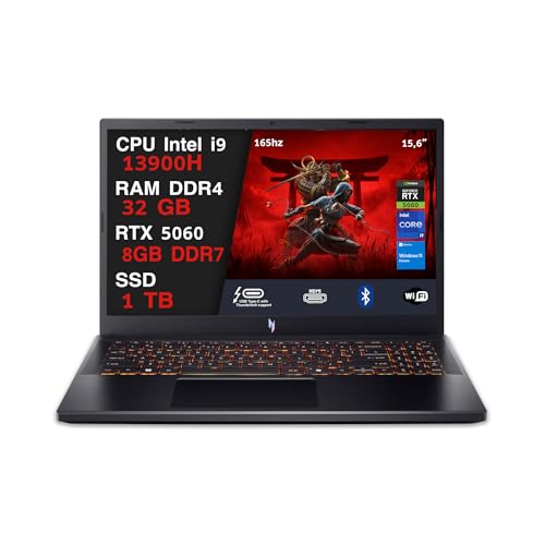 Nitro V15 Pc Gaming Portatile i9-13900h, 32GB RAM DDR4, SSD 1TB, Geforce RTX 5060 8GB Gddr7, Notebook Gaming Display 15.6 IPS FHD 165hz, Laptop Gaming, Ethernet, WiFi, Tastiera Retroilluminata