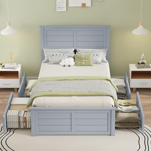 Full-Size-Platform-Bed-Frame-with-4-Storage-Drawers-and-Headboard-Wood-Bed-Frame-with-Wood-Slats-Support-No-Box-Spring-Needed-Storage-Bed-Frame-for-Kids-Teens-Adults-Grey Full Size Platform Bed Frame with 4 Storage Drawers and Headboard Wood Bed Frame with Wood Slats Support No Box Spring Needed Storage Bed Frame for Kids Teens Adults Grey
