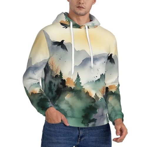 Men's Fleece Pullover Hoodie Long Sleeve Hooded Mountain birds watercolor Sweatshirt Casual Shirts With Pockets Medium Black