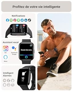 Montre Connectée Homme, 1,85" Femme Smartwatch pour Samsung iPhone Android, Alexa intégrée 3ATM 100+ Modes Sportifs Moniteur de SpO2/Sommeil/Fréquence Cardiaque/Podometre/Calories Noir