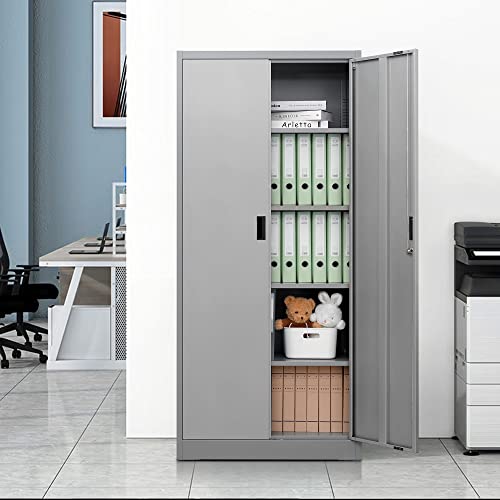 Wanfu Metal Storage Cabinet With Locking Doors And Adjustable Shelves, 71” Tall Steel Storage Cabinets For Garage, Home Office, Pantry-Grey & Silver Door #TOP1