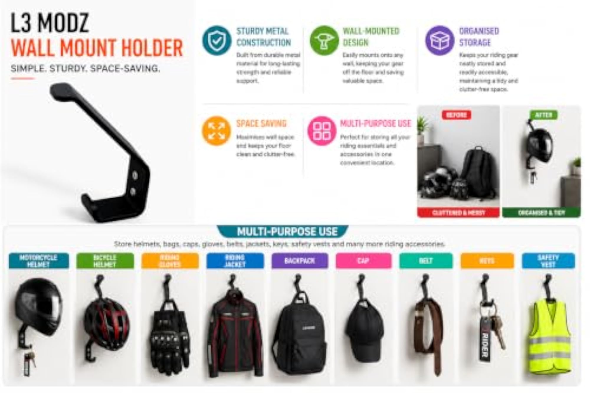 Wall-Mountable Helmet Holder for Motorcycle Gear