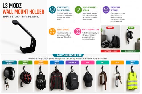 Image of L3 MODZ Wall-Mountable Helmet Holder - Sturdy Metal Helmet Hanger for Motorcycle, Gloves, Jacket, Backpacks wall Hanger (Pack of 1)