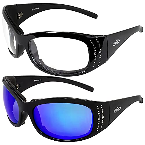 Global Vision Marilyn-2 Plus Women's Padded Motorcycle Riding Sunglasses Bling 2 Pair Black Frames with Clear & G-Tech Blue Mirror Lenses