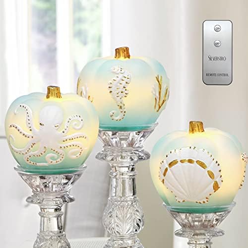Silverstro Nautical Theme 3D Pumpkin Flameless Pillar Candles Real Wax Battery LED Candles Remote for Home Room Party Wedding Christmas Thanksgiving Fall Ocean Decor - Set of 3