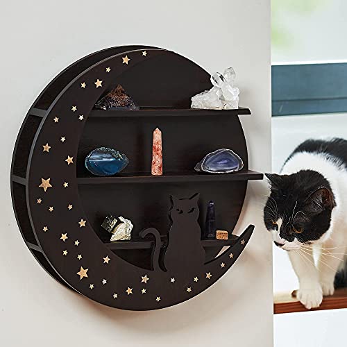 Hop Skip Cat Moon Shelf - Crystal Display Shelf - 15.75” X 2.76” - Cat Moon Trinket Shelf - Pine Floating Shelves - Cat Gifts For Cat Lovers - Wiccan Décor #TOP1