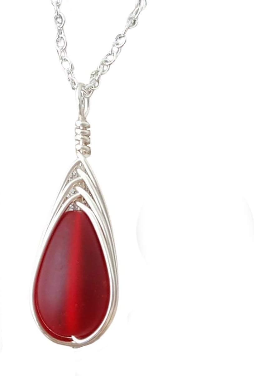 Yinahawaii Handmade Sea Glass Necklace, Hawaiian Jewelry For Women, Braided Teardrop Necklace, Unique Sea Glass Jewelry For Women Birthday Gift