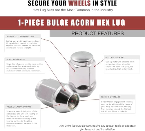 Image of Set of 24 Lug Nuts Closed End Bulge Acorn Lug Nut Style 1.38 inch Long Cone Seat 19mm (3 /4 inch) Hex Wheel Lug Nut (M12x1.25, Chrome)
