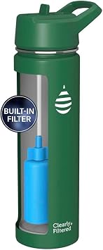 Clearly Filtered Water Bottle | Removes 200+ Contaminants, Double-Wall Insulated Stainless Steel, BPA/BPS Free, Phthalate Free, Filters Flouride Lead Chlorine 20oz, Evergreen