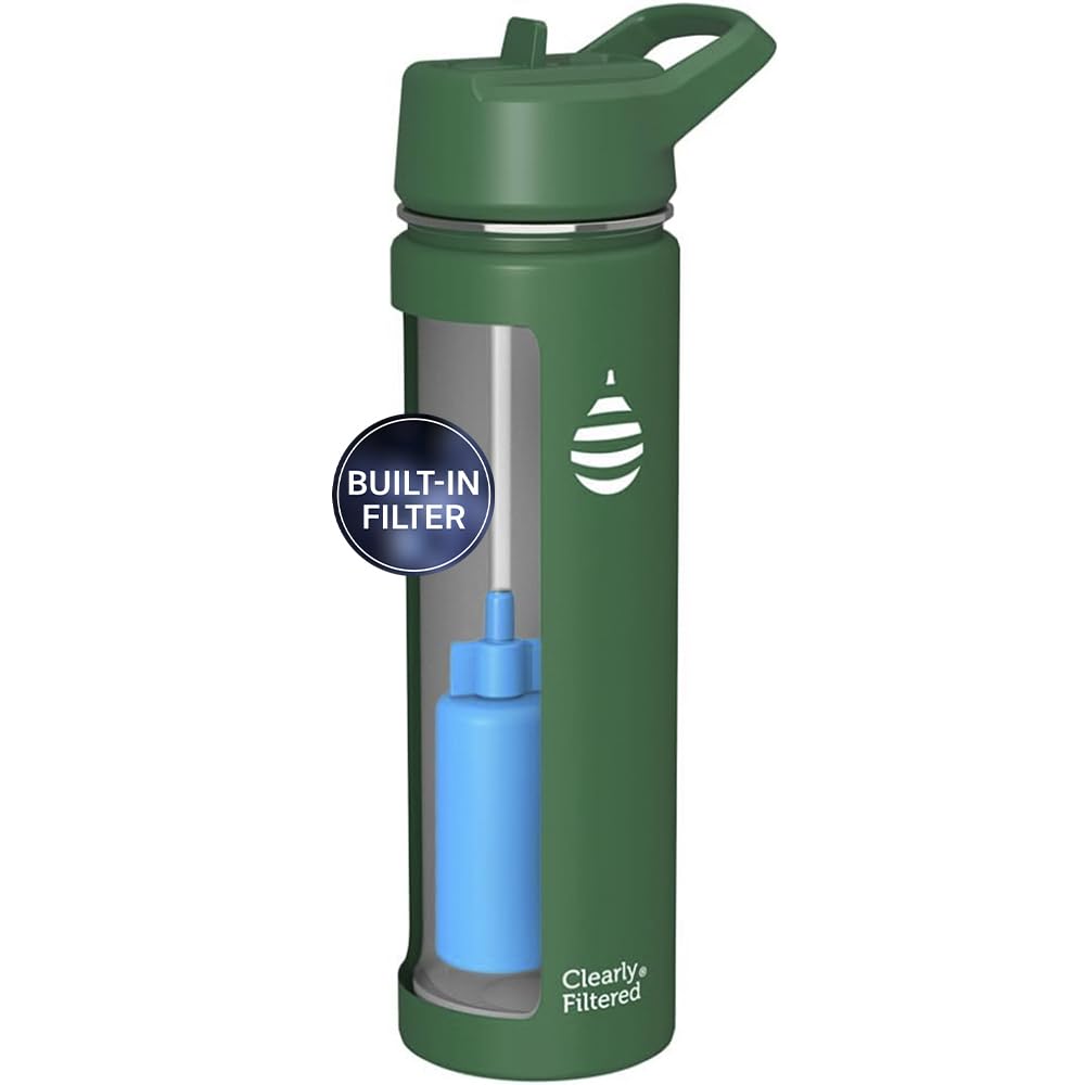 Clearly Filtered Water Bottle | Removes 220+ Contaminants, Double-Wall Insulated Stainless Steel, BPA/BPS Free, Phthalate Free, Filters Flouride Lead Chlorine (20oz, Evergreen)