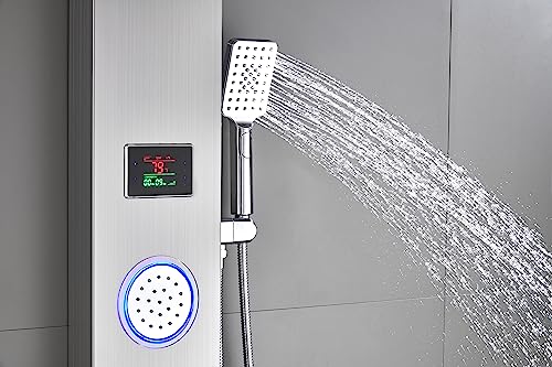 Image of ELLO&ALLO Shower Panel System Tower, LED Rainfall and Mist Head Rain Massage Stainless Steel Bathroom Fixtures with LED Body Jets, Brushed Nickel