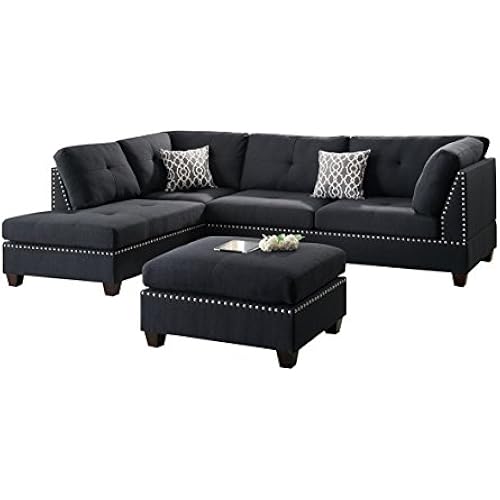 Poundex Bobkona Viola Linen-Like Polyfabric Left or Right Hand Chaise Sectional Set with Ottoman (Pack of 3), Black