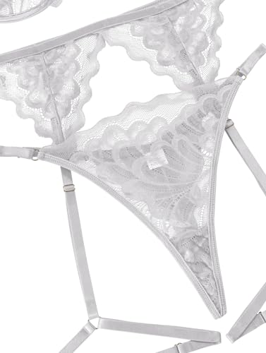 Image of Lilosy Sexy Choker Floral Lace Scallop Sheer Underwire Push Up Garter Belt Lingerie Set 3 Piece