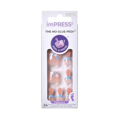 KISS imPRESS No Glue Pedi Press-On Nails, Design, 'Paradise Ticket', Light Beige, Short Size, Squoval Shape, Includes 24 Nails, Prep Pad, Instructions Sheet, 1 Manicure Stick, 1 Mini File