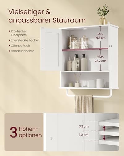 VASAGLE Siren Collection BBK149WB01 Hängeschrank mit Handtuchstange, Wandschrank mit offenem Regal, verstellbarem Regal und Türen, rustikaler Stil, Wolkenweiß
