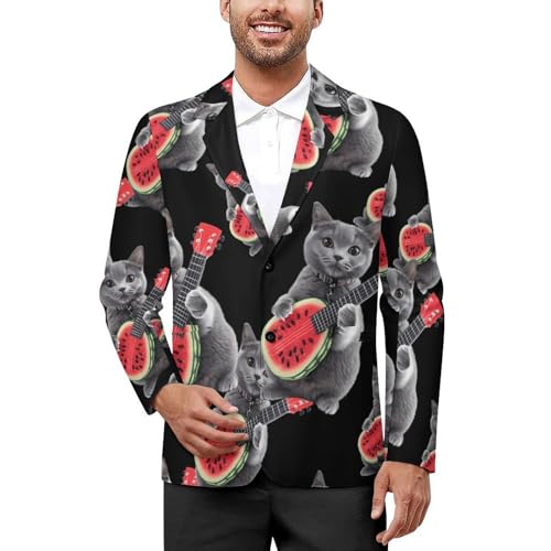 Cat Play Watermelon Guitar Casual Men's Blazers Two Button Lapel Suits Jacket Lightweight Sport Coats