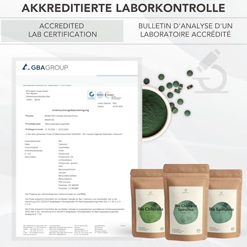 BIONUTRA® Bio Spirulina Pulver 250 g, rückstandskontrolliert, nach EU-ÖKO-Standard hergestellt, vegan, laktose- & glutenfrei, ohne Zusätze, Spirulina Pulver Bio