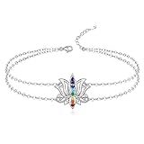 Jewlikee Chakra Anklet Bracelets Yoga lotus Flower Bracelet Sterling Silver for Women 7 Chakra Ankle Jewelry Summer Beach Birthday Christmas Gifts