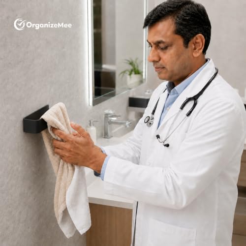 Image of OrganizeMee (Self Adhesive) Napkin & Towel Holder for Hand Basin Towels, Washbasin Bathroom Hanger, Kitchen Sink Napkin Holder Accessories Rack Without Drilling Cloth Hangers (Black)