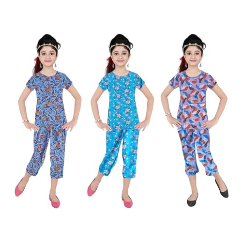 Image of Girls Pure Cotton Casual Round neck regular feet Multi Color Girls night dress Half Sleeve set of 3 pcs