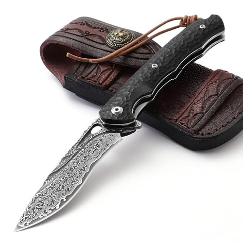 DRACHENADER Damascus Pocket Knife for Men, Folding knife with Leather