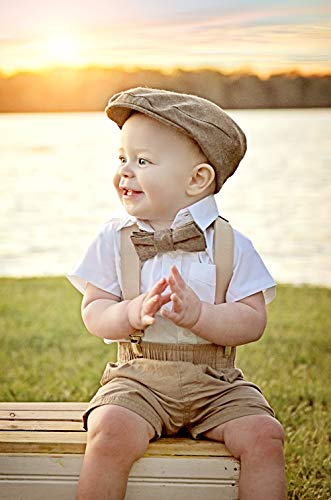 image for Born to Love Baby Boys Hat Vintage Driver Cap, Tan with Bow, 12-18 Mon