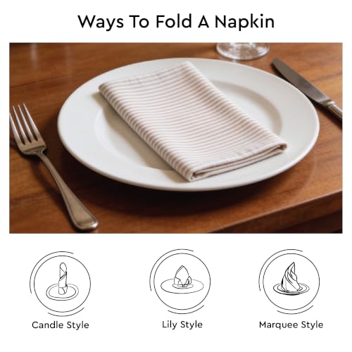 Image of Encasa XO Dining Table Napkins Set of 6, 45x45 cm | Machine Washable Reusable, Recycled Cotton Cloth Napkin, Soft & Absorbent, Table Decor for Hotels, Farmhouse - White & Ticking Beige