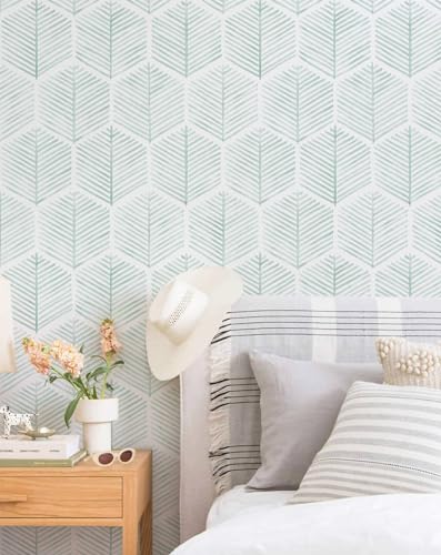 Image of MelunMer Geometric Peel and Stick Wallpaper Boho Green White 17.3''x393'' | Modern Self Adhesive Removable Wallpaper for Bedroom /Bathroom Waterproof, Contact Paper for Cabinets, Drawers Easy to Install