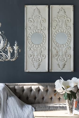 GOWE Set of 2 Large Wooden Wall Art Panels with Distressed White Finish and Round Mirror Accents,17