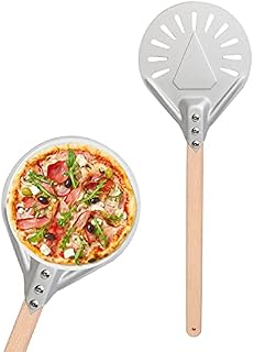 DIFCUL 7" Pizza Peel Aluminum Alloy Pizza Shovel Pizza Paddle Pizza Cutter, Pizza Slicer with 2-Section Detachable Portable Hanging Wood Handle for Home(Sliver, 7 Inch)