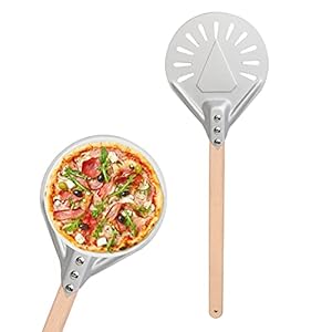 Difcul Pizzaschep voor het draaien, kleine pizzaschep, kort, rond, pizza-gereedschap, antislip handgreep, 17,8 cm, geperforeerde pizzaschep van aluminium