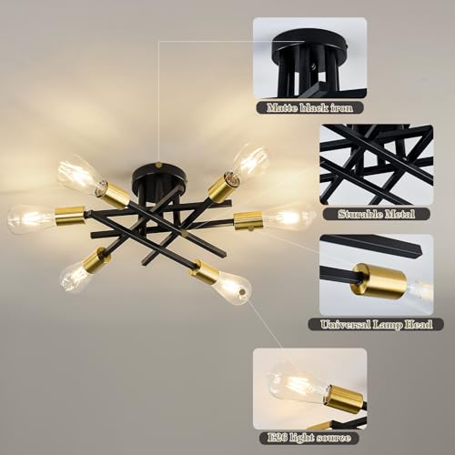 Image of ASGYISA 6-Lights Sputnik Semi Flush Mount Ceiling Light Fixture Modern Metal Black and Gold Chandeliers with E26 Bulb Base Close to Ceiling Light for Kitchen Dining Room Living Room Hallway Bedroom
