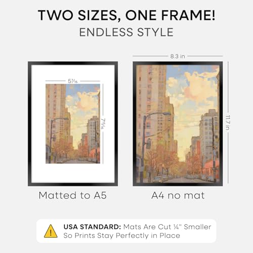 Image of Homeforia A4 Black Picture Frame, High-End Metal, A5 Mat, Glass | High End Aluminum, Tempered Glass, Acid-Free A5 Removable Mat, A4 Edge-to-Edge Display, Wall Kit, Set Of 1