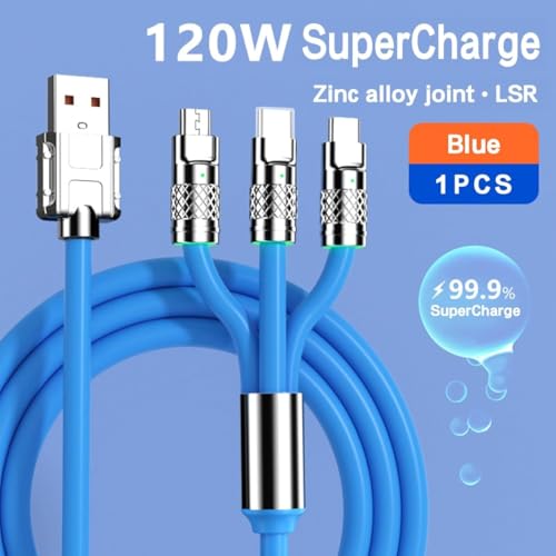 Image of MECHA Multi Charging Cable, 3 in 1 Charger Cord, 120W USB-C Fast Charge, 3.3ft Universal Charging Cable with iOS /Type-C /Micro USB for Phones, iPad, MacBook - Blue