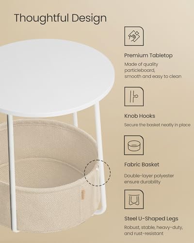 Image of VASAGLE LILEA Collection - Small Round Side End Table, Modern Nightstand with Fabric Basket, for Living Room, Bedroom, Set of 2, Matte White and Camel Brown ULET225WG01S