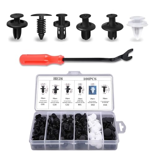 CyperFair 100 PCS Car Retainer Clips, Nylon Rivet Fasteners Replacement for Dashboard Interior Engine Trim Panel, Push-in Screw with Removal Tool, Bumper Clip Fastener for Most Cars (White)