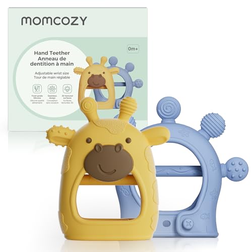 Momcozy Baby Teether Toys | Food Grade Silicone Teething Relief 0-6 Months | Toy 6-12 Months | Baby Essential | Yellow and Blue