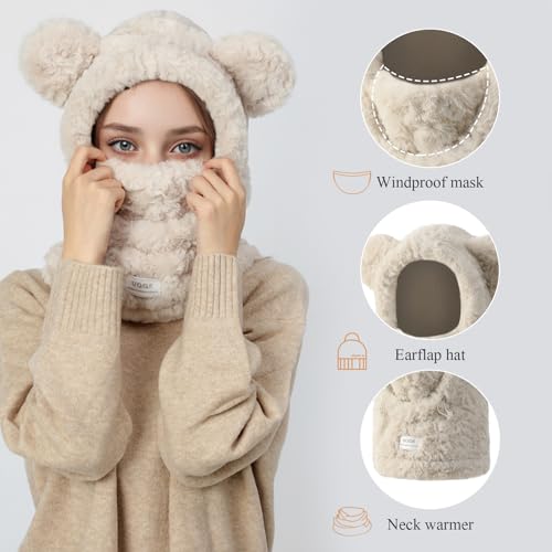 Women Girls Winter Scarf Hat Gloves 3 In 1 hooded Scarf With Mittens Cat Bear Ears Polar Fleece Hoodie Pocket3