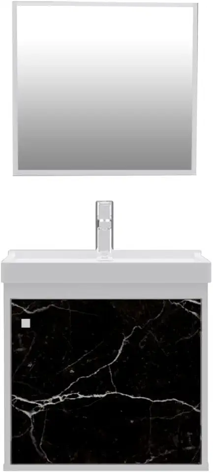 Gabinete com Cuba de Banheiro 100% MDF Branco Marmorizado Preto - Veneto