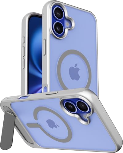 Image of eller sante Zenon Magpro Back Cover Case for iPhone 16 Plus Scratch Resistant Camera Screen Protector TPU Shockproof with Stand Holder Mag-Safe Wireless Charging- Silver
