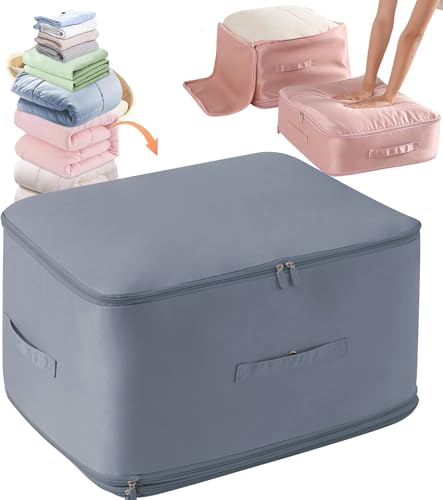 HEVOY Ultra Space Saving Self Compression Organizer, Self Compression Storage Bags, Foldable Closet Organizers Storage Tote, Moving Bag Containers with Handle for Comforters, Blankets (Blue, Large)