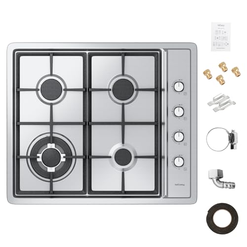 IsEasy Gas Hob with 4 Stainless Steel Burners, 4 Built-In Gas Hobs, Gas Table 60 cm, City Gas and Bottle