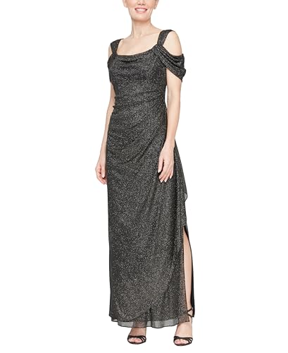 Image of Alex Evenings Women's Long Cold Shoulder Dress, Mother of The Bride, Formal Events, Black /Gold Glitter, 10 Petite