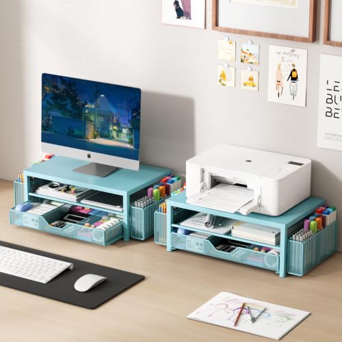 Image of OPNICE Desk Organizers and Accessories, Computer Monitor Stand Riser with Drawer and 2 Pen Holders, Printer & Laptop Stand, Office Desk Accessories & Workspace Organizers for Home Office Supplies, Soft Blue