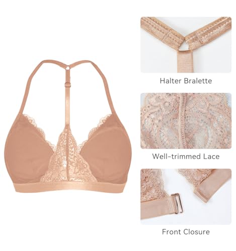 Image of SHEKINI Women's Embroidered Triangle Bra Front Closure Plunge Wireless Lightly Lined Lace Bralette Top